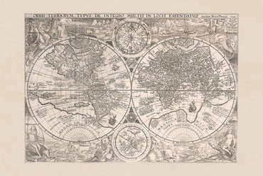 Mapa Świata 1594 „Orbis Terrarum Typus” - Ozdobna Rycina z Podwójnymi Półkulami