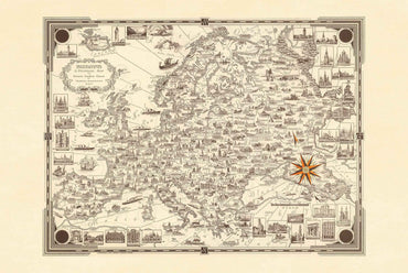 Europe Pictorial Map Poster (1938) - Vintage European Landmarks Wall Art