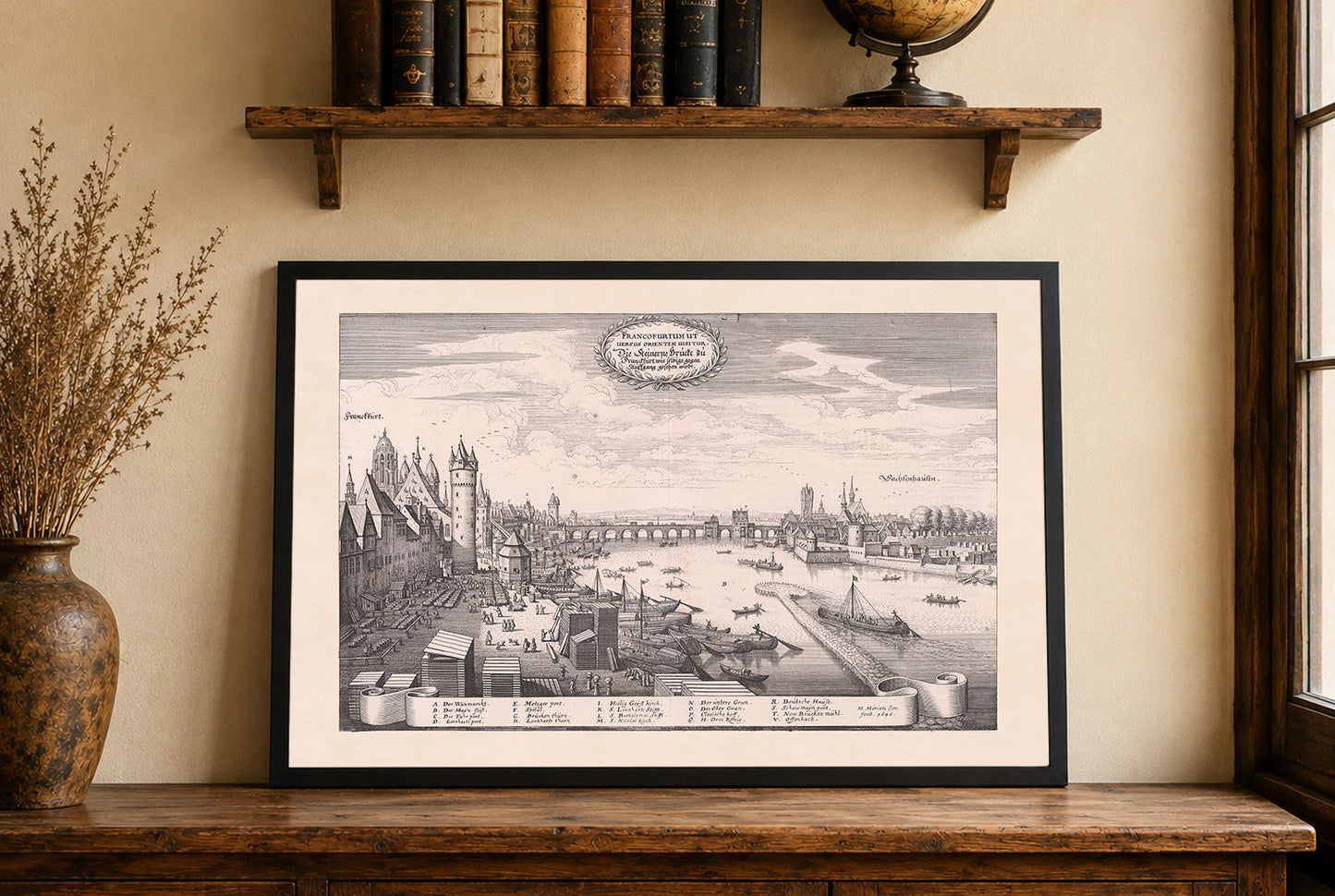 Poster Mappa della Città di Francoforte (1646) - Incisione Vintage del Ponte di Pietra Arte Murale