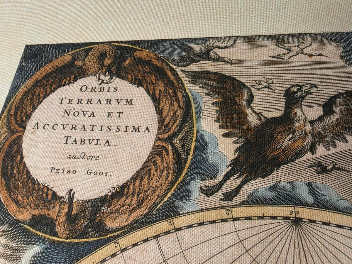 1667 Mapa świata Pietera Goosa - ze stylizowaną ilustracją i w stylu atlasu