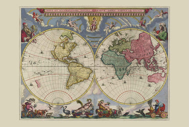 Vintage World Map 1665 by Joan Blaeu - Double Hemisphere Atlas Print with Decorative Detail - Strategy Maps