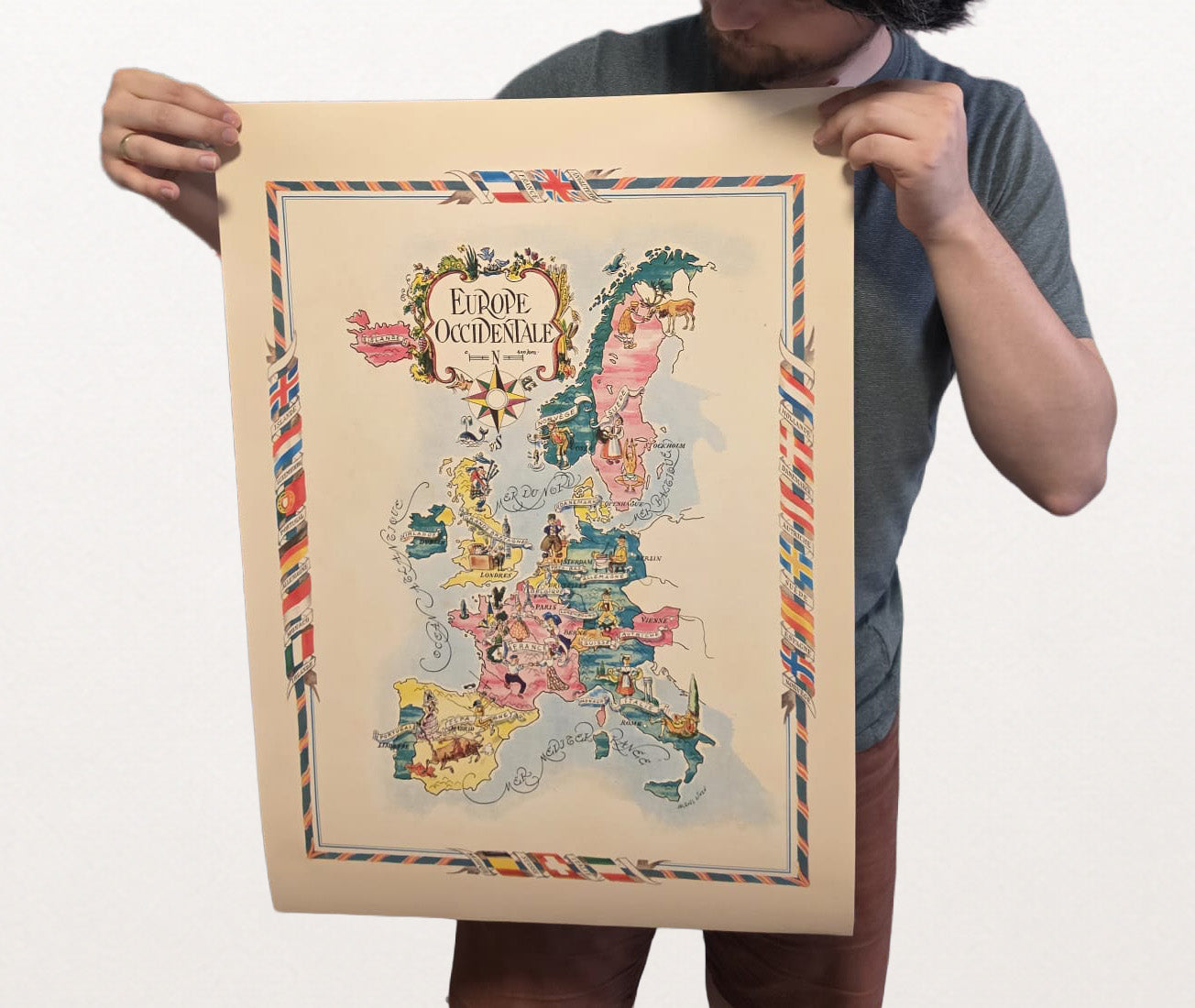 Mapa ilustrowana Europy Zachodniej - Historyczna mapa obrazkowa z miastami i dziką fauną