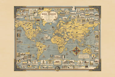 Plakat World Wonders Pictorial Map (1939) - Vintage Dekoracja Ścienna z Cudami Świata