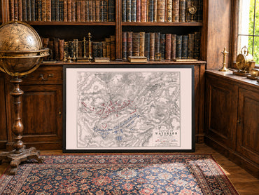 1815 Bitwa pod Waterloo, druk kartograficzny - historyczny plan militarny z formacjami wojskowymi