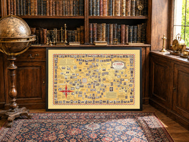 Plakat A World of Stamps (1947) - Vintage Dekoracja Ścienna Filatelii i Historii Poczty