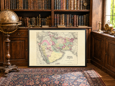 Plakat z mapą Persji i Arabii z 1856 roku - Ręcznie kolorowane regiony, w tym Iran, Arabia i Afganistan