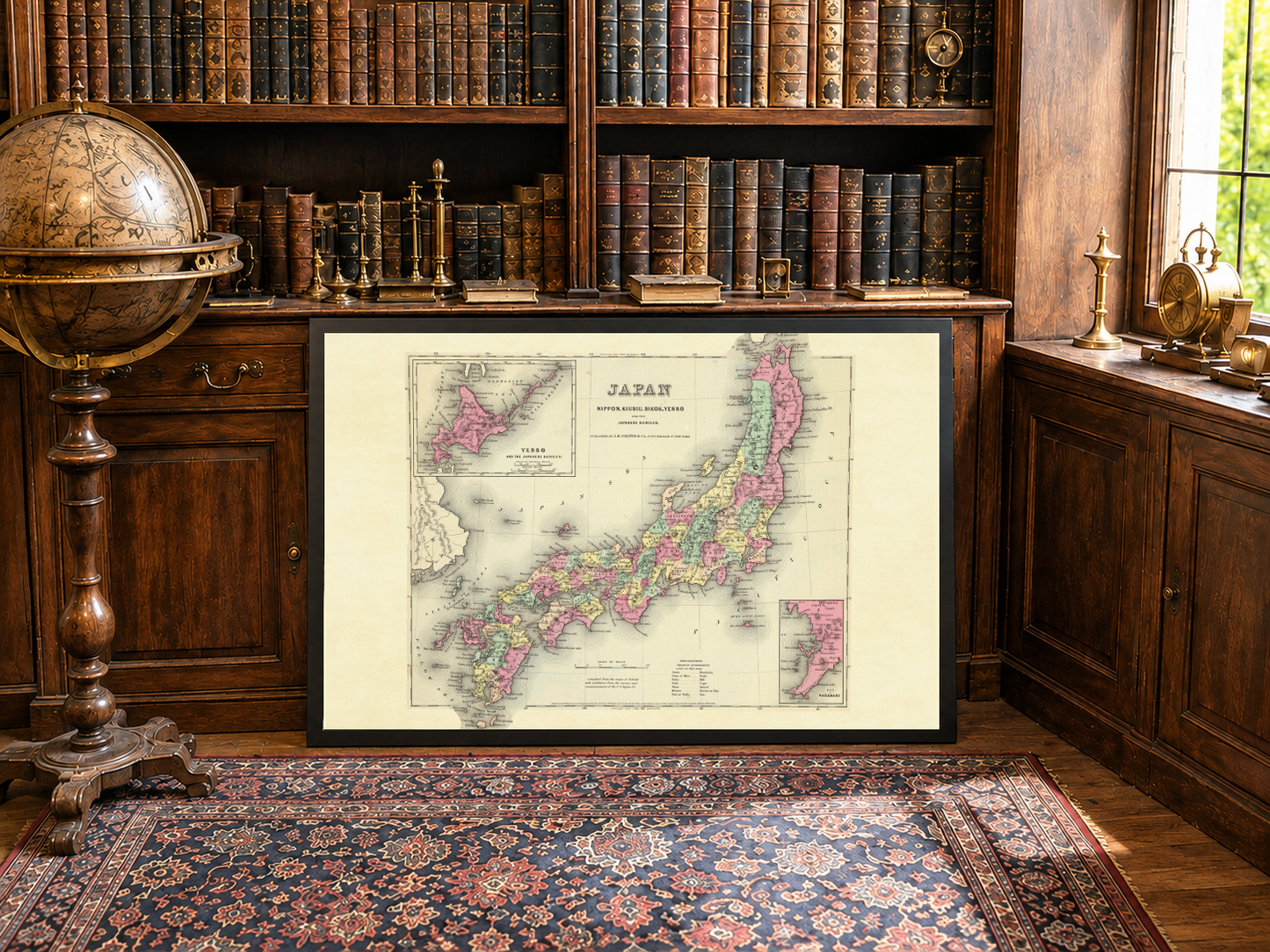 Plakat z mapą Japonii z 1856 r. - Nippon ze szczegółami Kiusiu, Sikok i Yesso, ręcznie kolorowane regiony