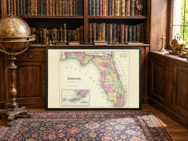 1856 Florida Map Poster - Hand-Colored County Map with Detailed Boundaries