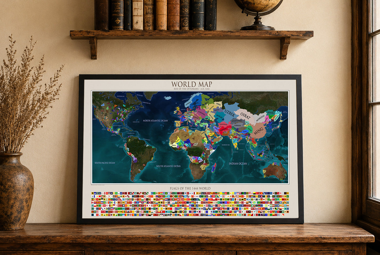1444 World Map Poster - Political Map with Historical Countries & Flags