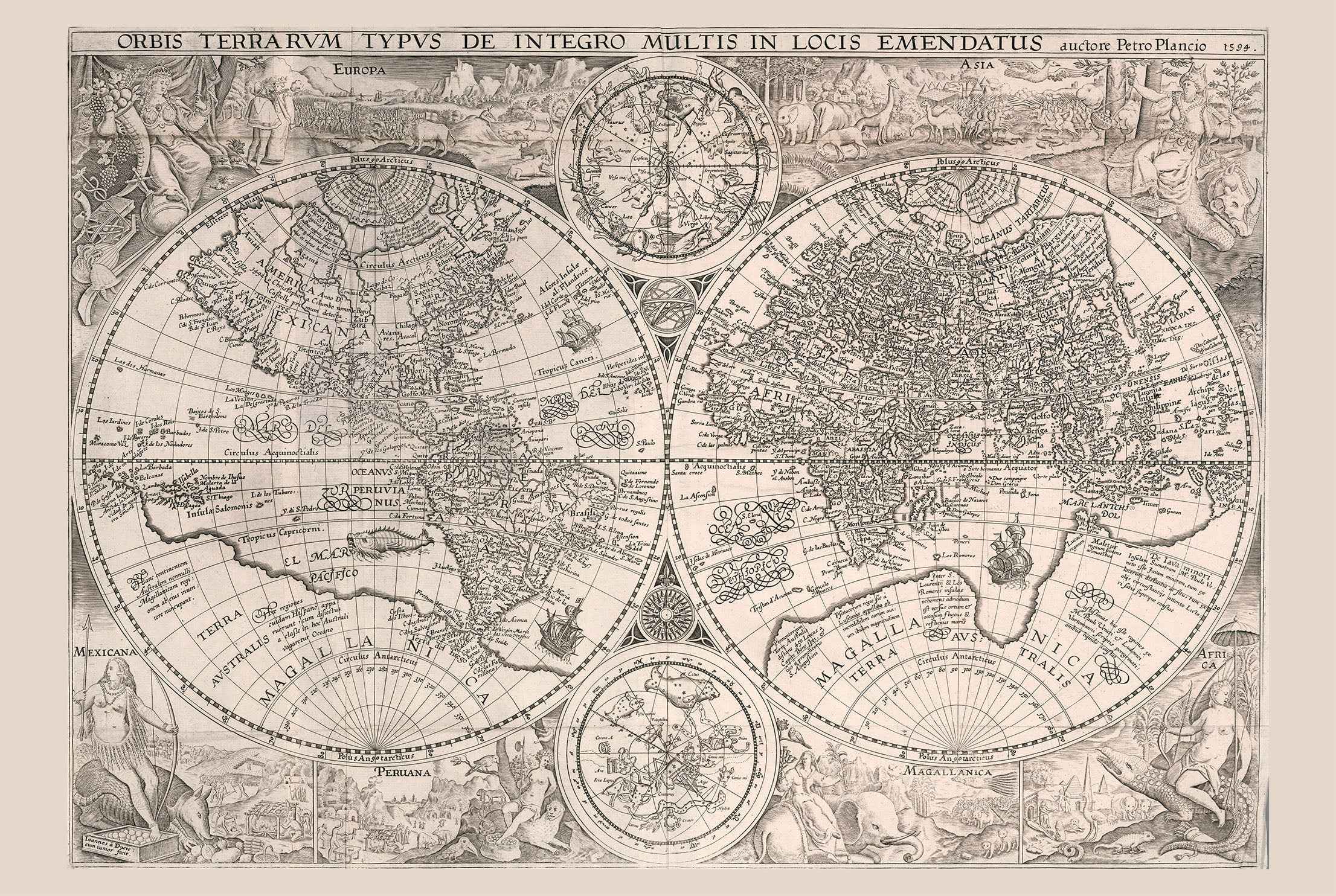 1594 World Map “Orbis Terrarum Typus” - Decorative Double Hemisphere Print - Strategy Maps