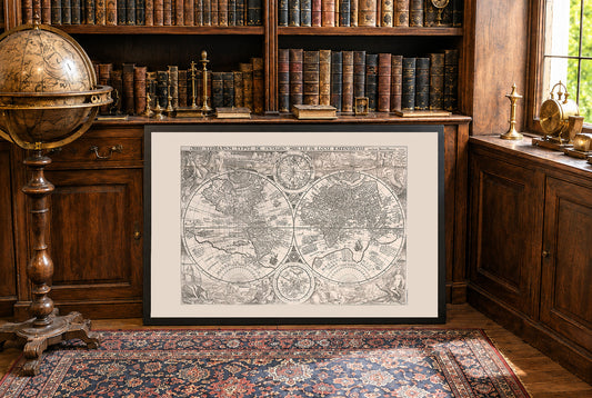 Mapa Świata 1594 „Orbis Terrarum Typus” - Ozdobna Rycina z Podwójnymi Półkulami