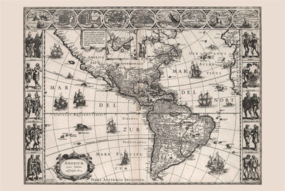 1630 Americas Map Poster - Americae Nova Tabula with Key Cities and Cultural Attire - Strategy Maps