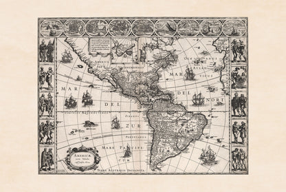 1630 Americas Map Poster - Americae Nova Tabula with Key Cities and Cultural Attire