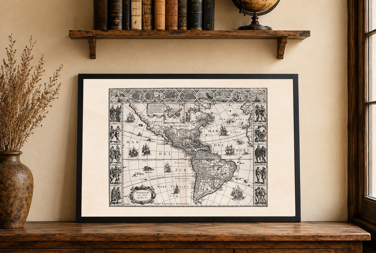 Plakat Mapa Ameryk 1630 - Americae Nova Tabula z kluczowymi miastami i strojami kulturowymi
