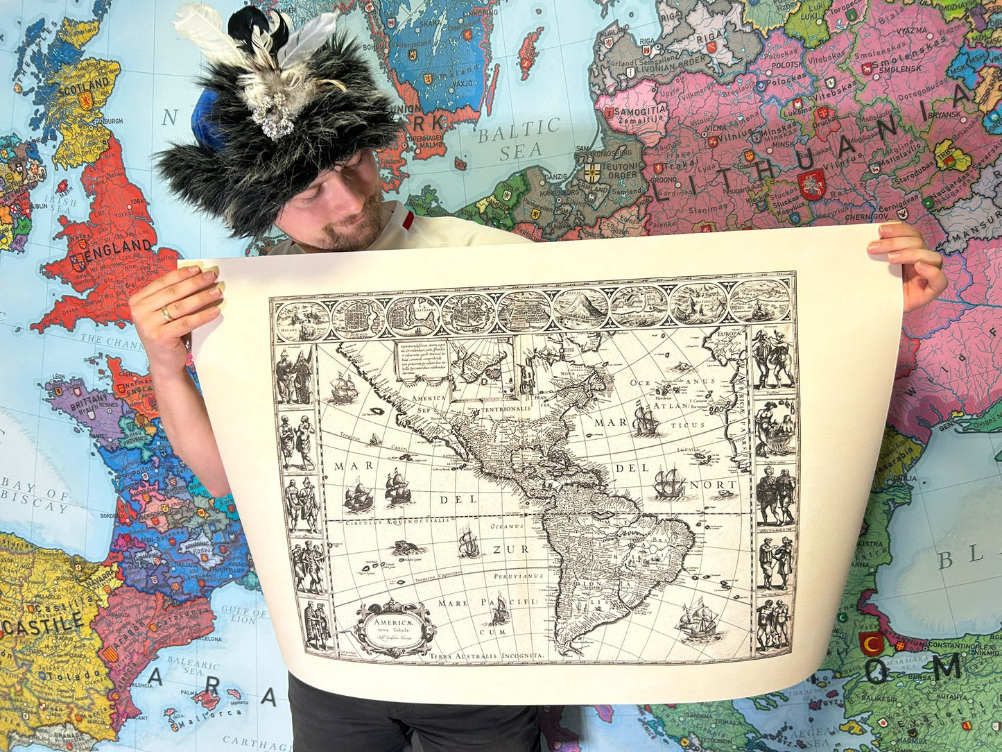 1630 Americas Map Poster - Americae Nova Tabula with Key Cities and Cultural Attire