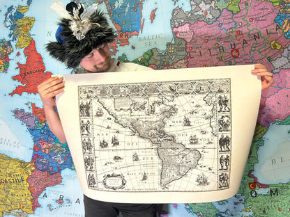 1630 Americas Map Poster - Americae Nova Tabula with Key Cities and Cultural Attire