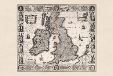 1630 British Isles Map Print - Historic Cities & Traditional Regional Dress Illustration