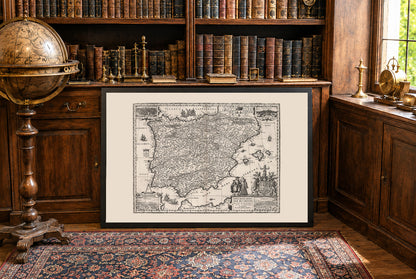 1630 Iberia Cartography Print - Vintage Map with Key Urban Centers and Period Attire