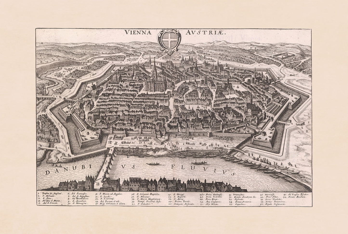 Mapa Wiednia z 1649 roku autorstwa Matthäusa Meriana - rycina miasta Austrii do dekoracji ściennej