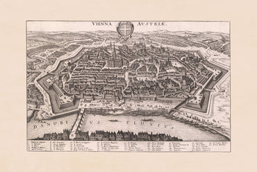 Mapa Wiednia z 1649 roku autorstwa Matthäusa Meriana - rycina miasta Austrii do dekoracji ściennej