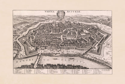Mapa Wiednia z 1649 roku autorstwa Matthäusa Meriana - rycina miasta Austrii do dekoracji ściennej