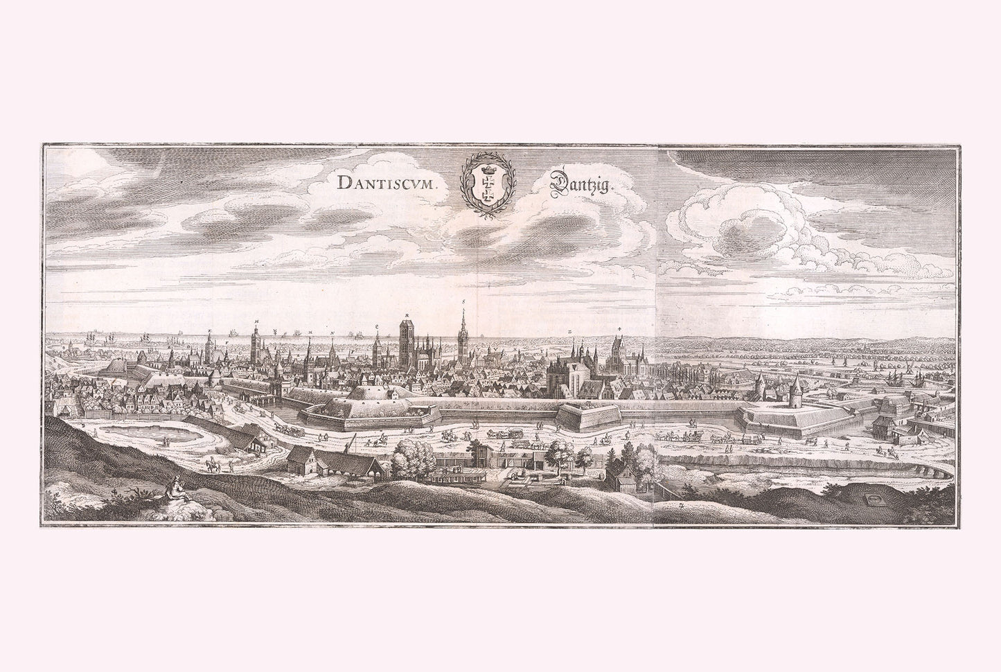 1652 Plakat mapy Gdańska - Plan miasta z lotu ptaka z fortyfikacjami i rzeką Motławą