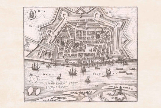 1652 Riga Map Poster - Panoramic City Plan with Star Fortifications, Harbor Ships and Urban Layout - Strategy Maps