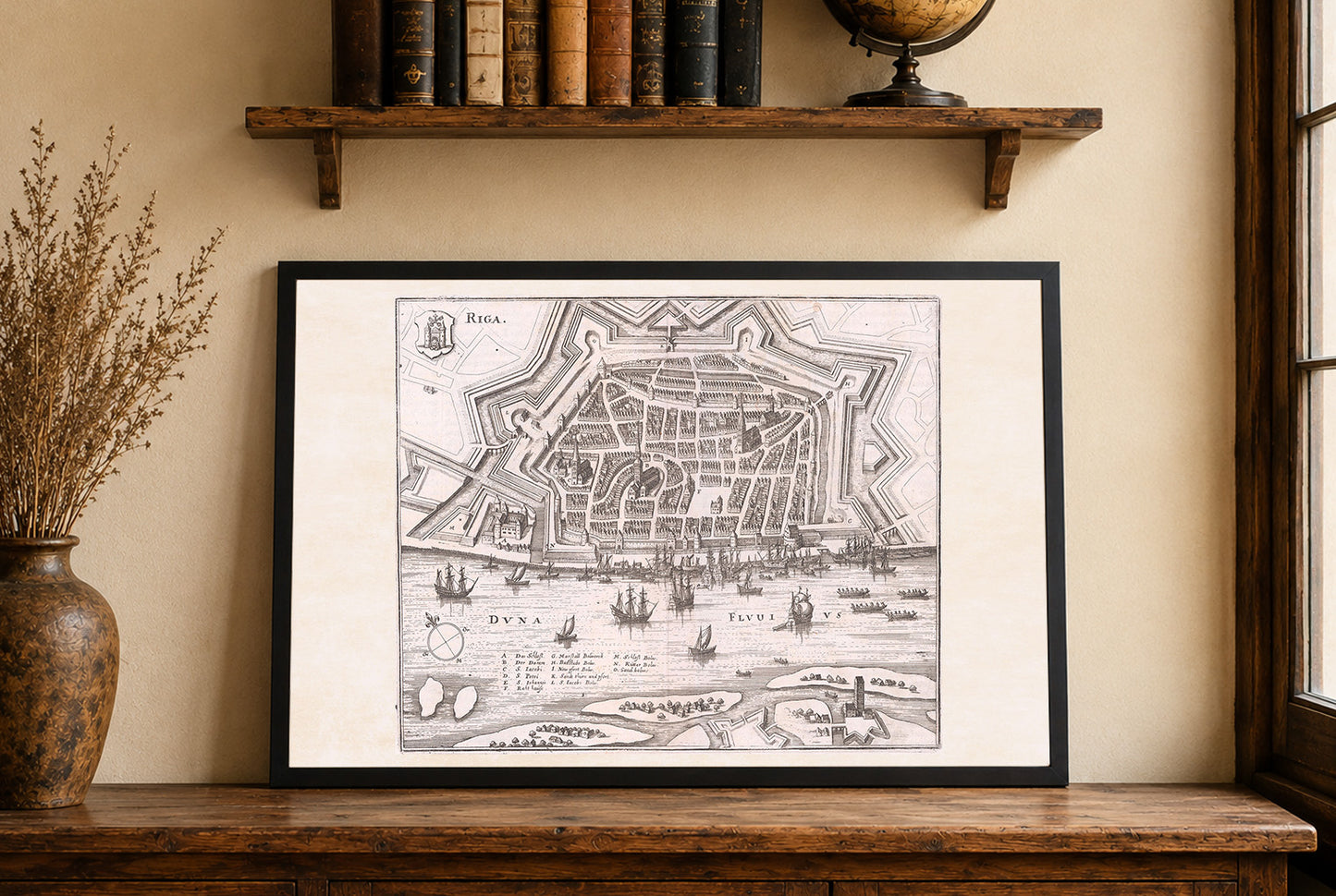 1652 Riga Map Poster - Panoramic City Plan with Star Fortifications, Harbor Ships and Urban Layout
