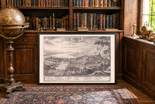 Cartel del Mapa de Ginebra 1654 - Vista Panorámica desde el Aire con el Lago de Ginebra y Puntos Clave