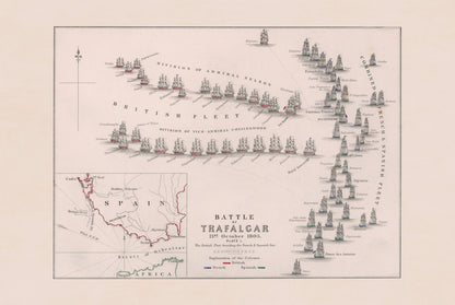1805 Bitwa pod Trafalgarem - Historyczna Mapa Morska z Rozstawieniem Flot