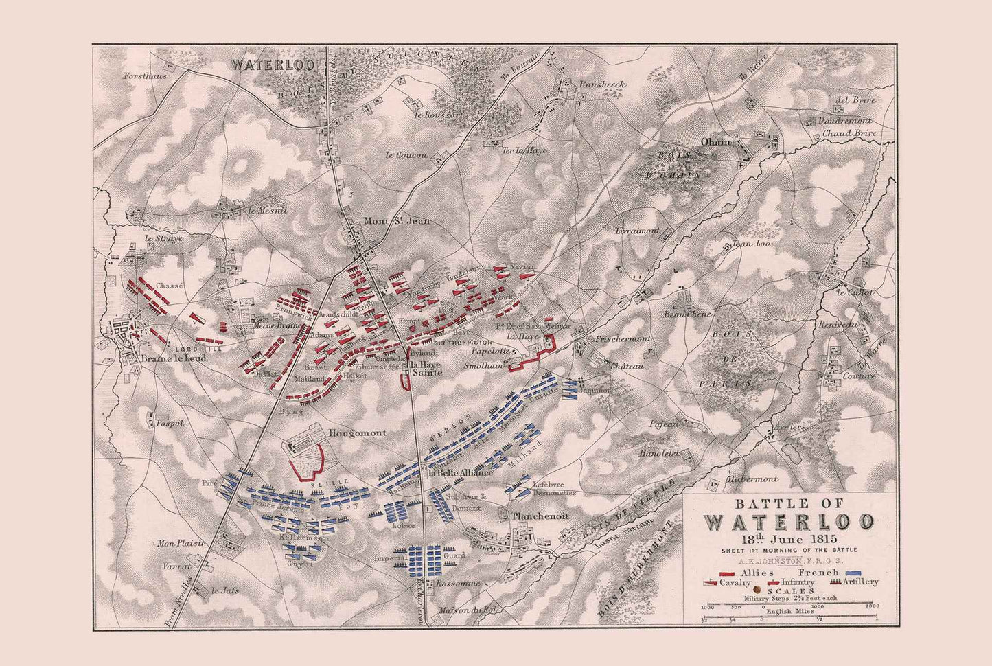 1815 Battle of Waterloo Cartography Print - Historic Military Plan with Army Formations - Strategy Maps