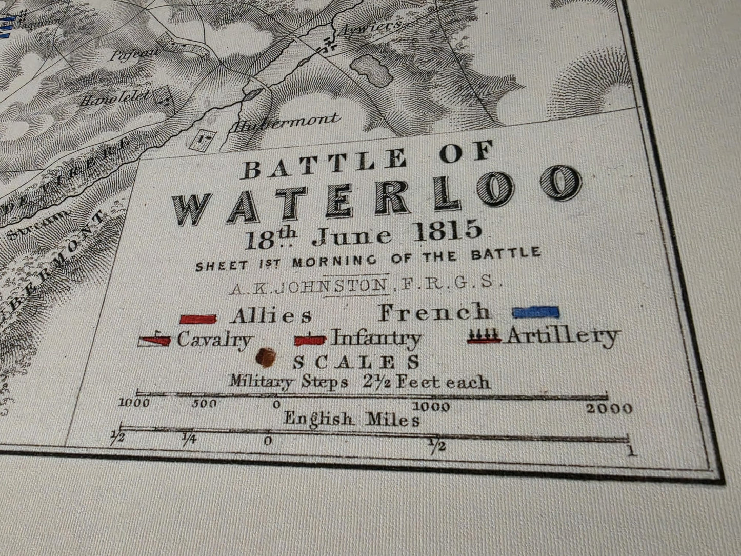 1815 Bitwa pod Waterloo, druk kartograficzny - historyczny plan militarny z formacjami wojskowymi