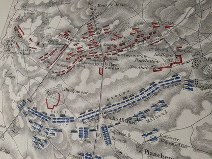 1815 Bitwa pod Waterloo, druk kartograficzny - historyczny plan militarny z formacjami wojskowymi