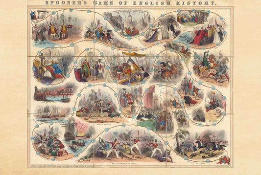 1847 English History Game Map Poster - Illustrated Educational Board with Historical Scenes - Strategy Maps