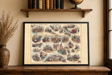 Plakat z mapą gry historycznej Anglii 1847 - ilustrowana tablica edukacyjna ze scenami historycznymi