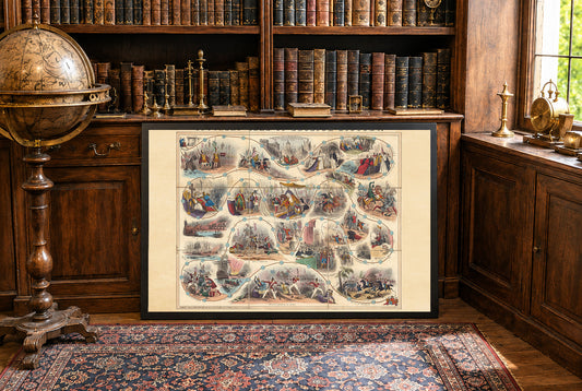1847 English History Game Map Poster - Illustrated Educational Board with Historical Scenes