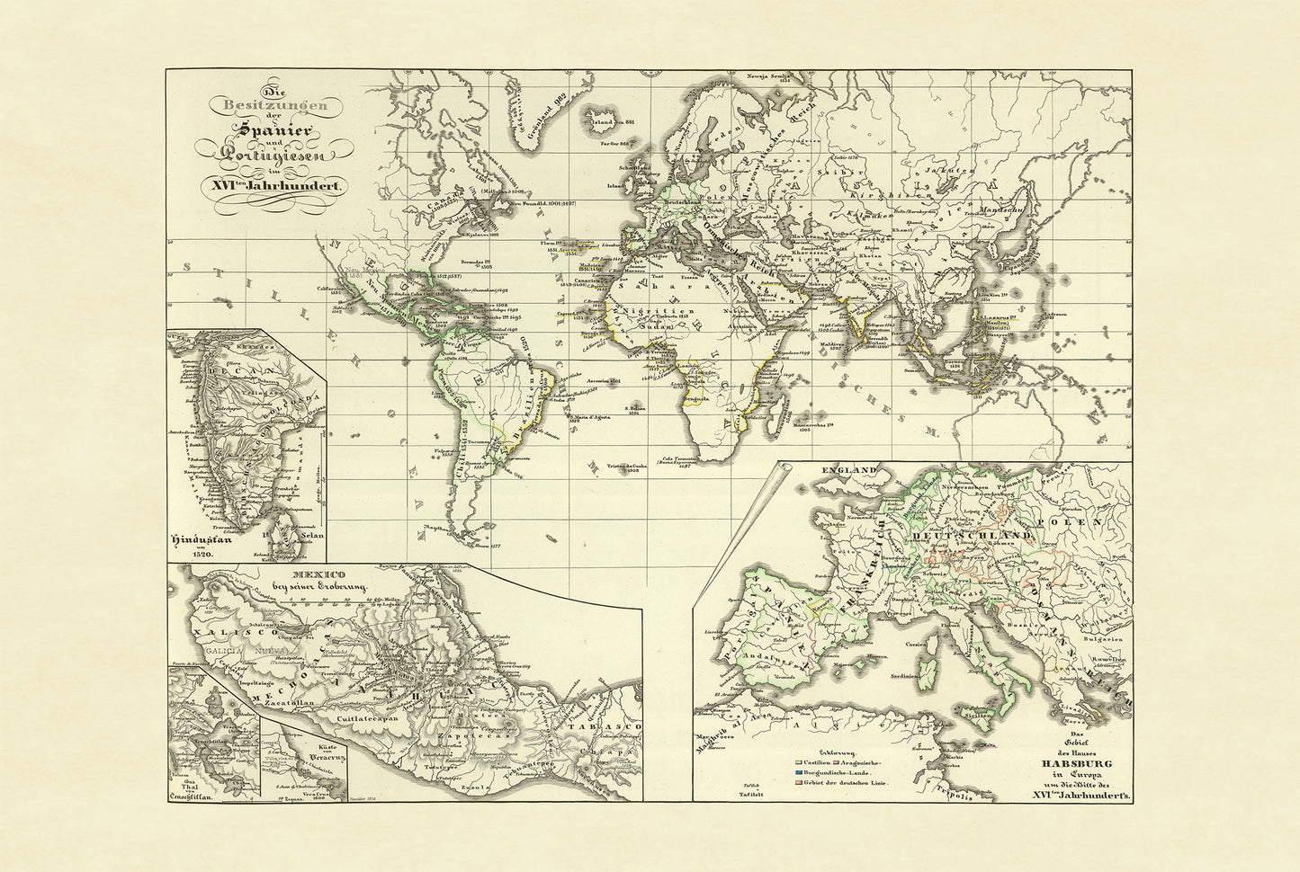 Mapa Kolonialnego Imperium Hiszpanii i Portugalii z 1854 roku - Plakat historycznego atlasu