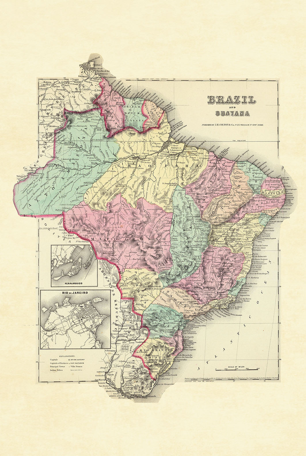 1856 Brazil and Guayana Map Poster - Hand-Colored Regions with Rio de Janeiro Detail