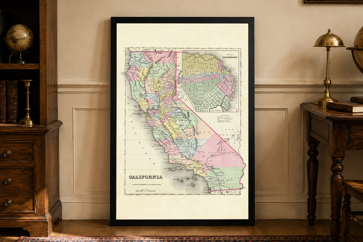 1856 California Cartography Print - Vintage Map with County Divisions and San Francisco Inset
