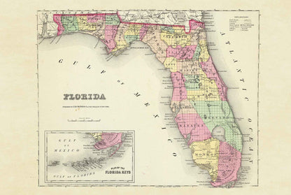 1856 Florida Map Poster - Hand-Colored County Map with Detailed Boundaries - Strategy Maps