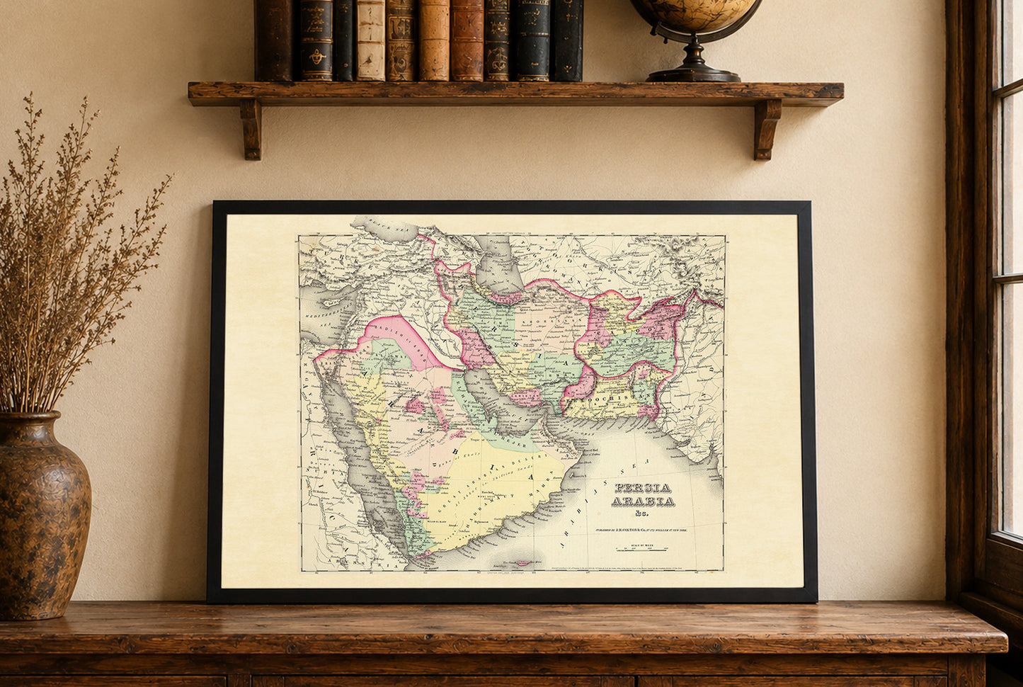 Plakat z mapą Persji i Arabii z 1856 roku - Ręcznie kolorowane regiony, w tym Iran, Arabia i Afganistan