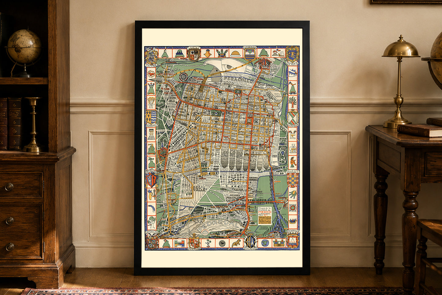 1932 Mexico City Map Poster - Decorative Pictorial Plan with Aztec Symbols