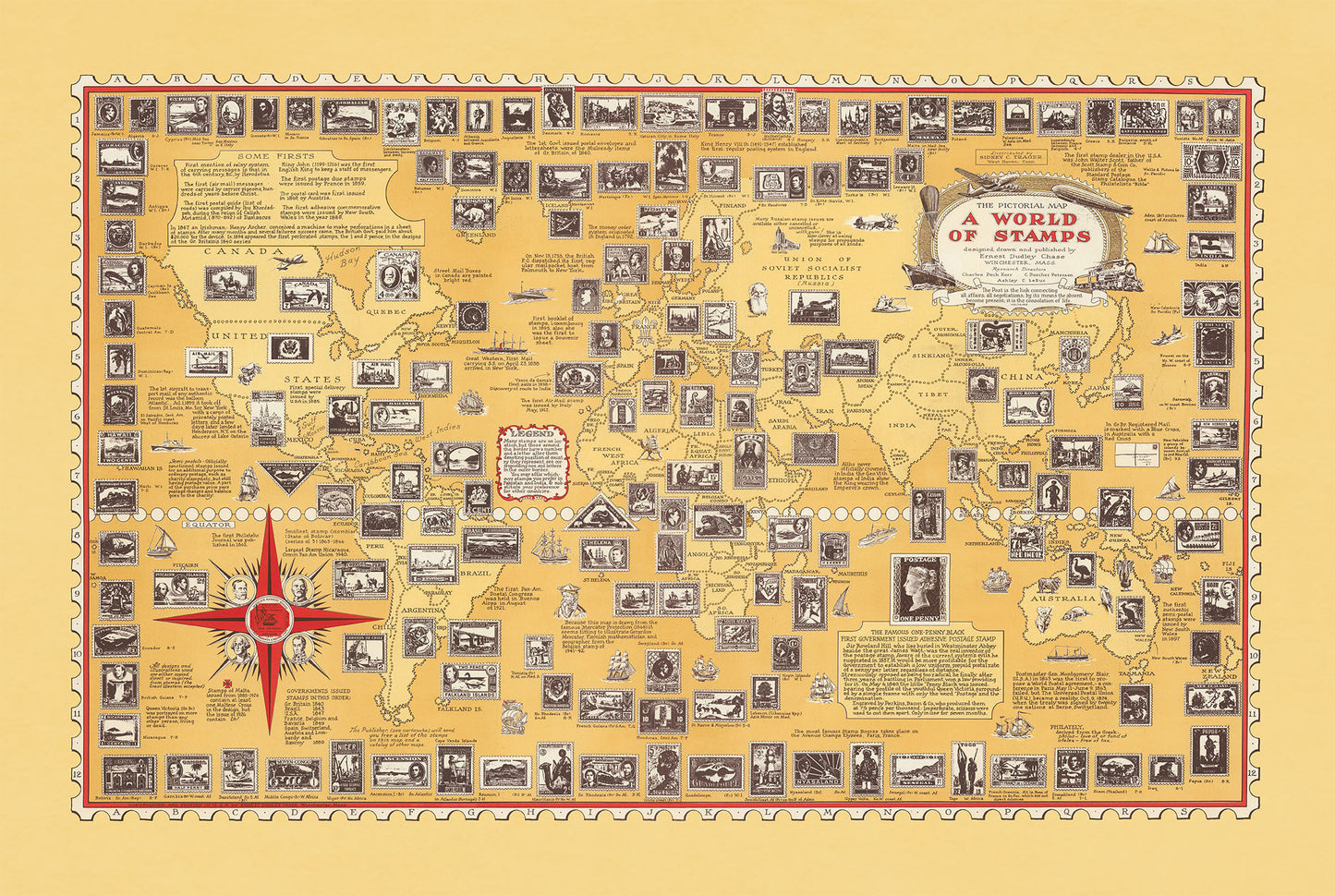 Plakat A World of Stamps (1947) - Vintage Dekoracja Ścienna Filatelii i Historii Poczty