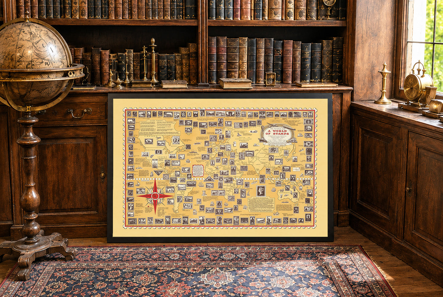 Plakat A World of Stamps (1947) - Vintage Dekoracja Ścienna Filatelii i Historii Poczty