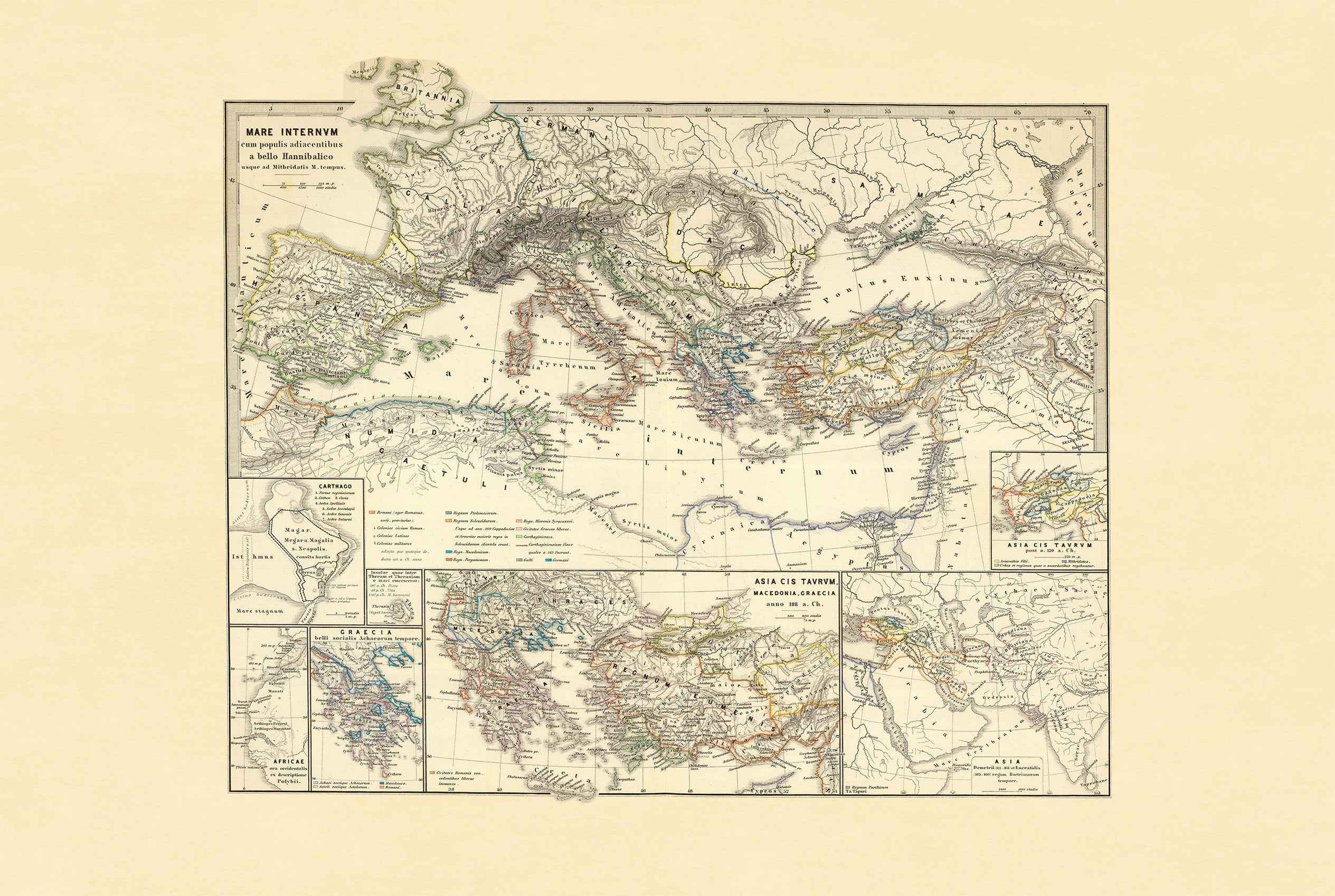 Ancient Mediterranean Map Poster - Punic Wars & Mithridates Historical Wall Art