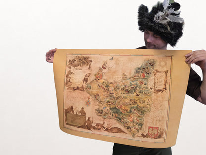 Mapa Polski 1938 - druk „Poloniae”, ilustracyjna mapa autorstwa Tadeusza Lipskiego i Eliasza Kanarka | vintage dekoracja ścienna z Wystawy Światowej
