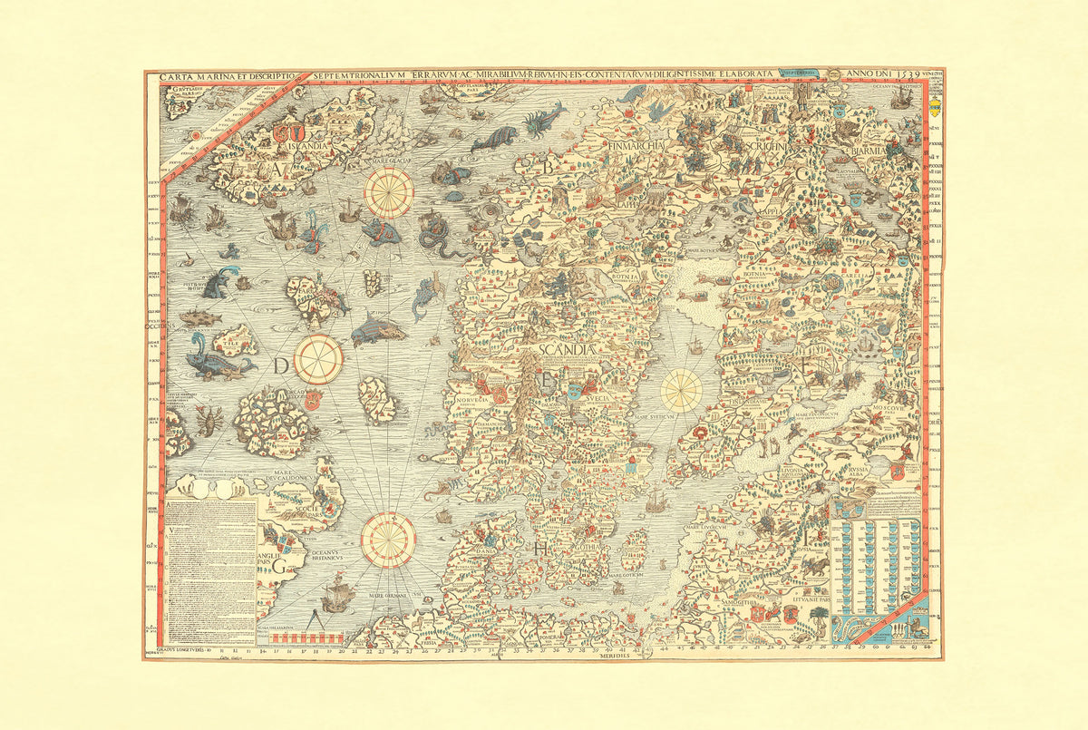 Carta Marina 1539 - Olaus Magnus - Skandynawia i Potwory Morskie - Historyczny Plakat z Mapą