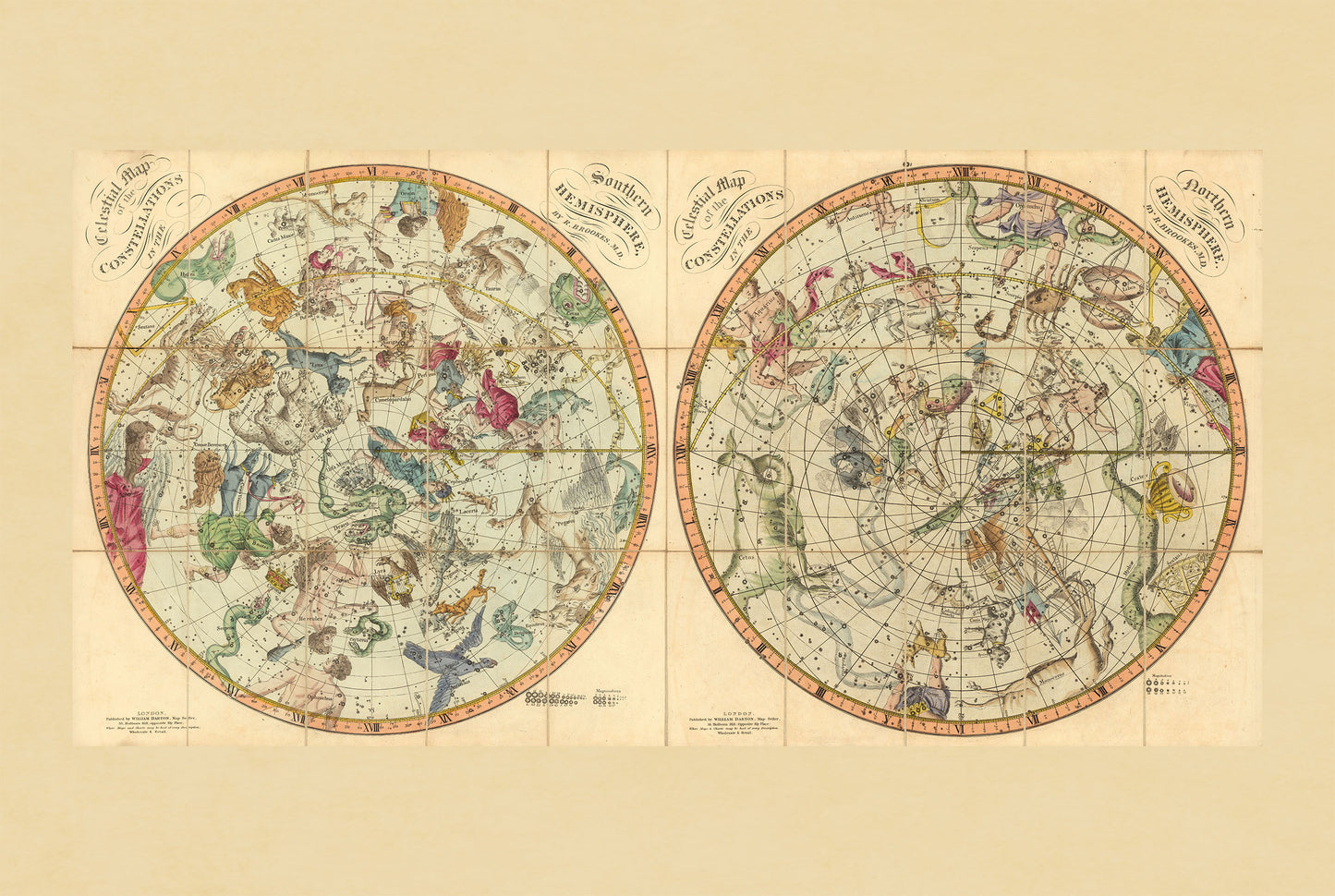 Plakat z Mapą Gwiazdozbiorów Nieba (1820) – Vintage Mapa Nieba Półkuli Północnej i Południowej