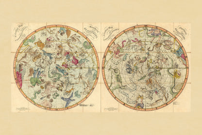 Plakat z Mapą Gwiazdozbiorów Nieba (1820) – Vintage Mapa Nieba Półkuli Północnej i Południowej