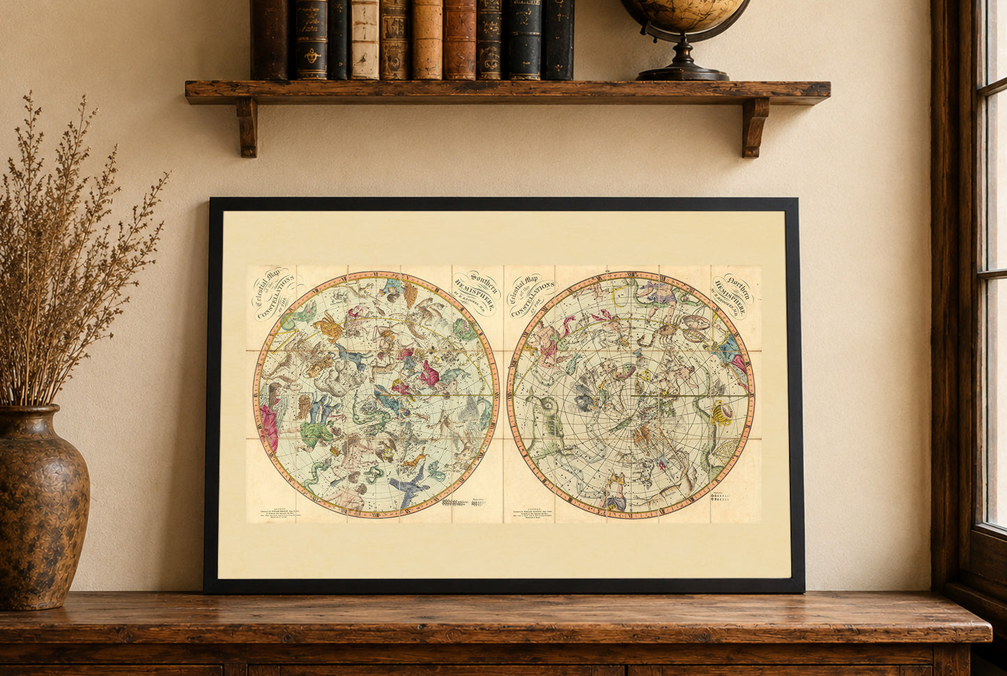 Plakat z Mapą Gwiazdozbiorów Nieba (1820) – Vintage Mapa Nieba Półkuli Północnej i Południowej